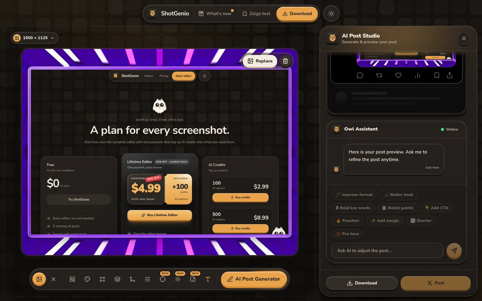 AI Post Studio in the ShotGenio editor