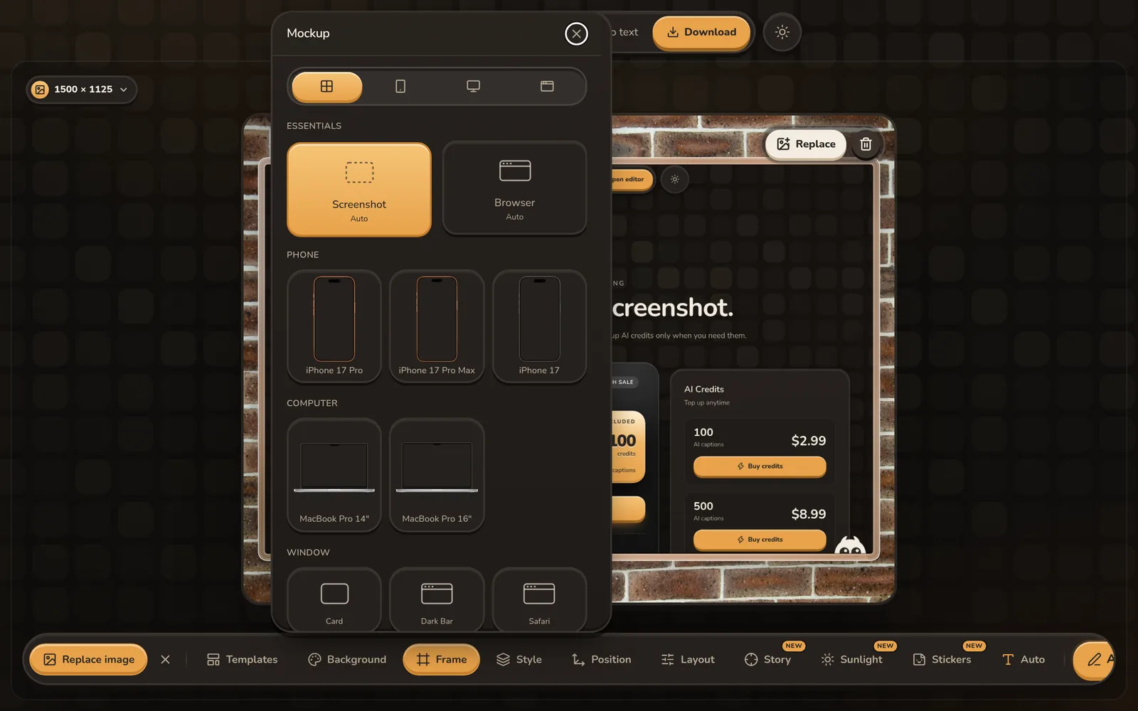 Device mockups in the ShotGenio editor