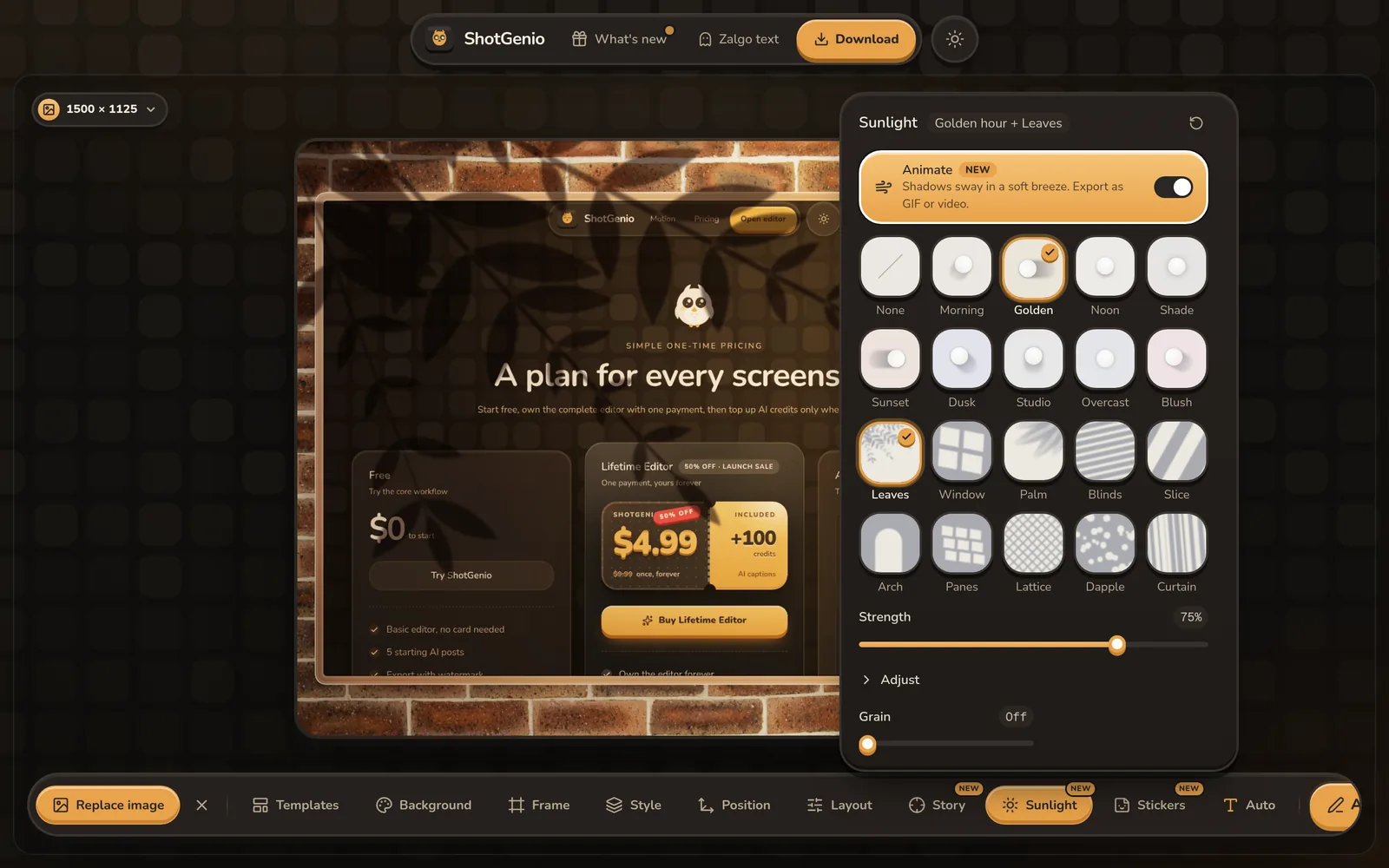 Animated sunlight in the ShotGenio editor