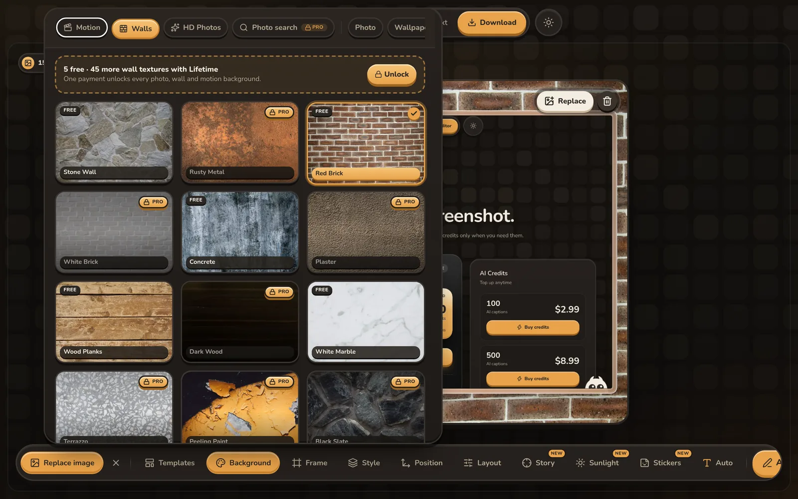 Wall backgrounds in the ShotGenio editor