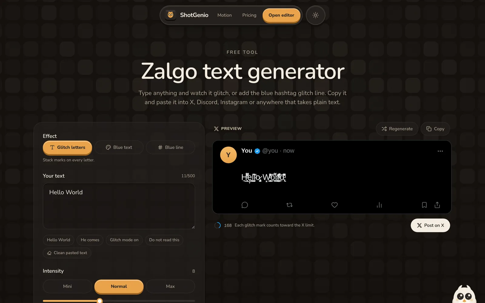 Zalgo text in the ShotGenio editor
